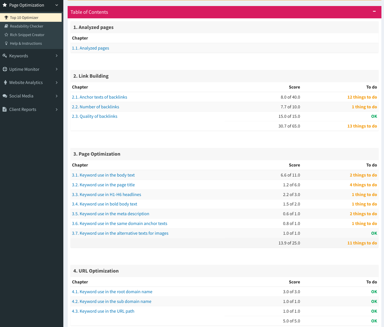 Screenshot of SEO Profiler's Web Page Optimization